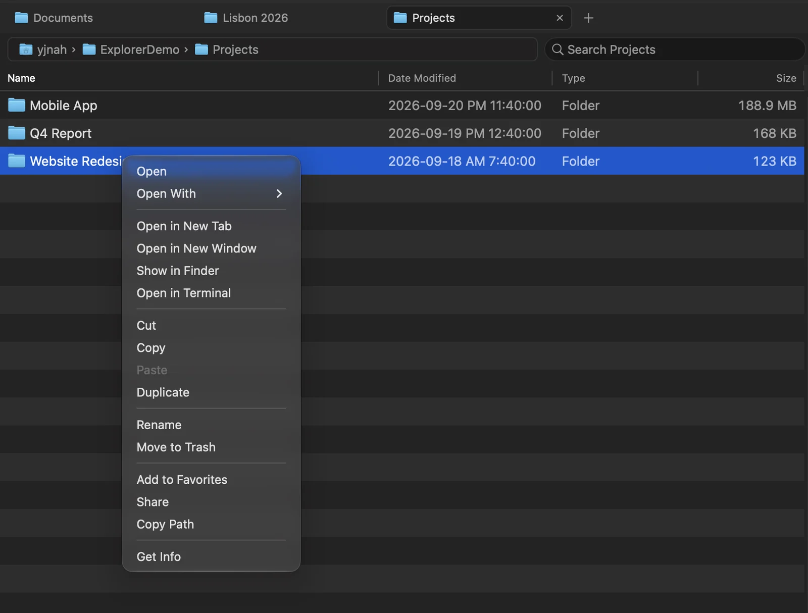 Explorer for Mac context menu on a folder: Open, Open With, Open in New Tab, Open in New Window, Show in Finder, Open in Terminal, Cut, Copy, Paste, Duplicate, Rename, Move to Trash, Add to Favorites, Share, Copy Path, and Get Info