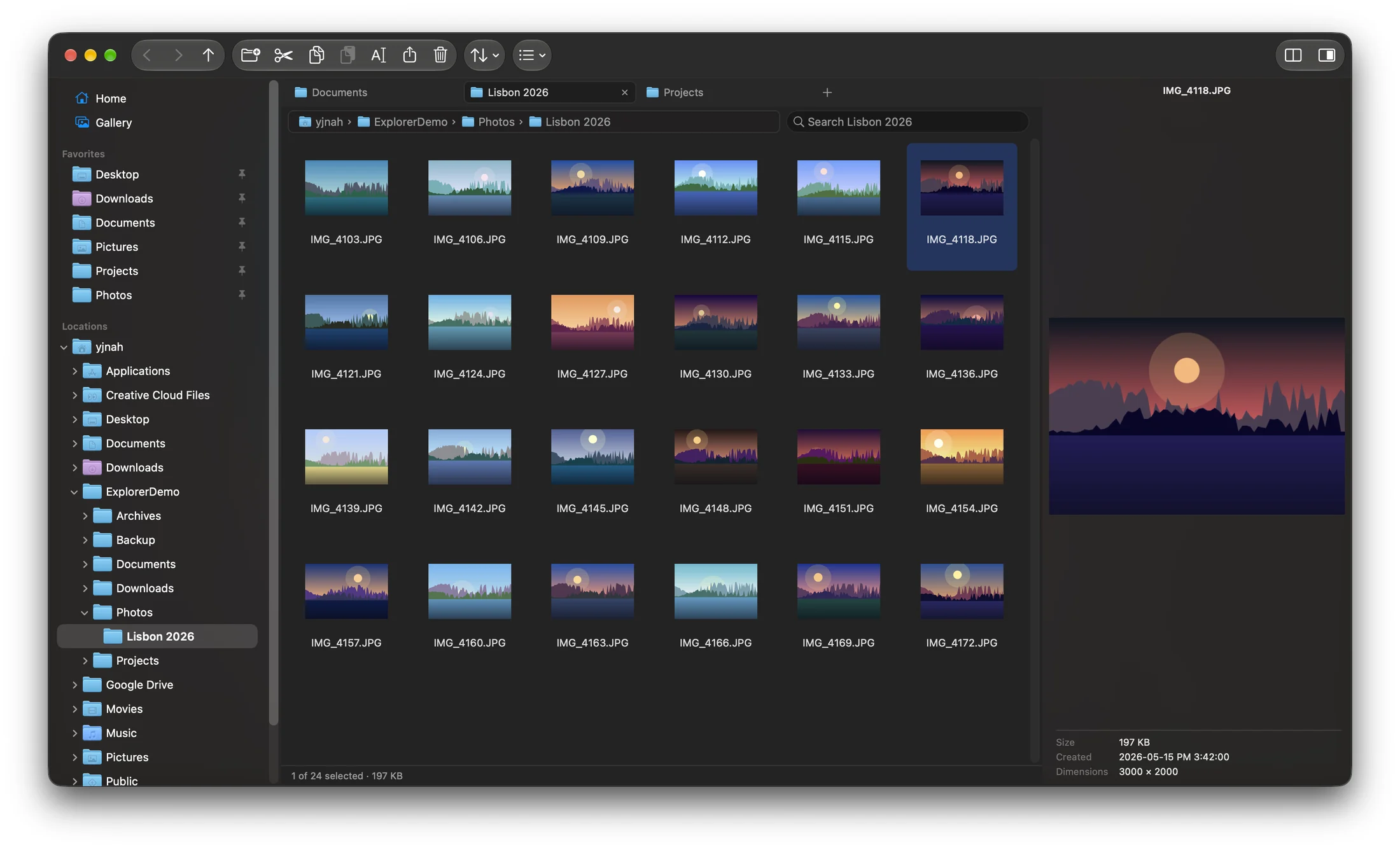 Explorer for Mac in Large Icons view showing a folder of photo thumbnails, with the selected photo in the preview pane