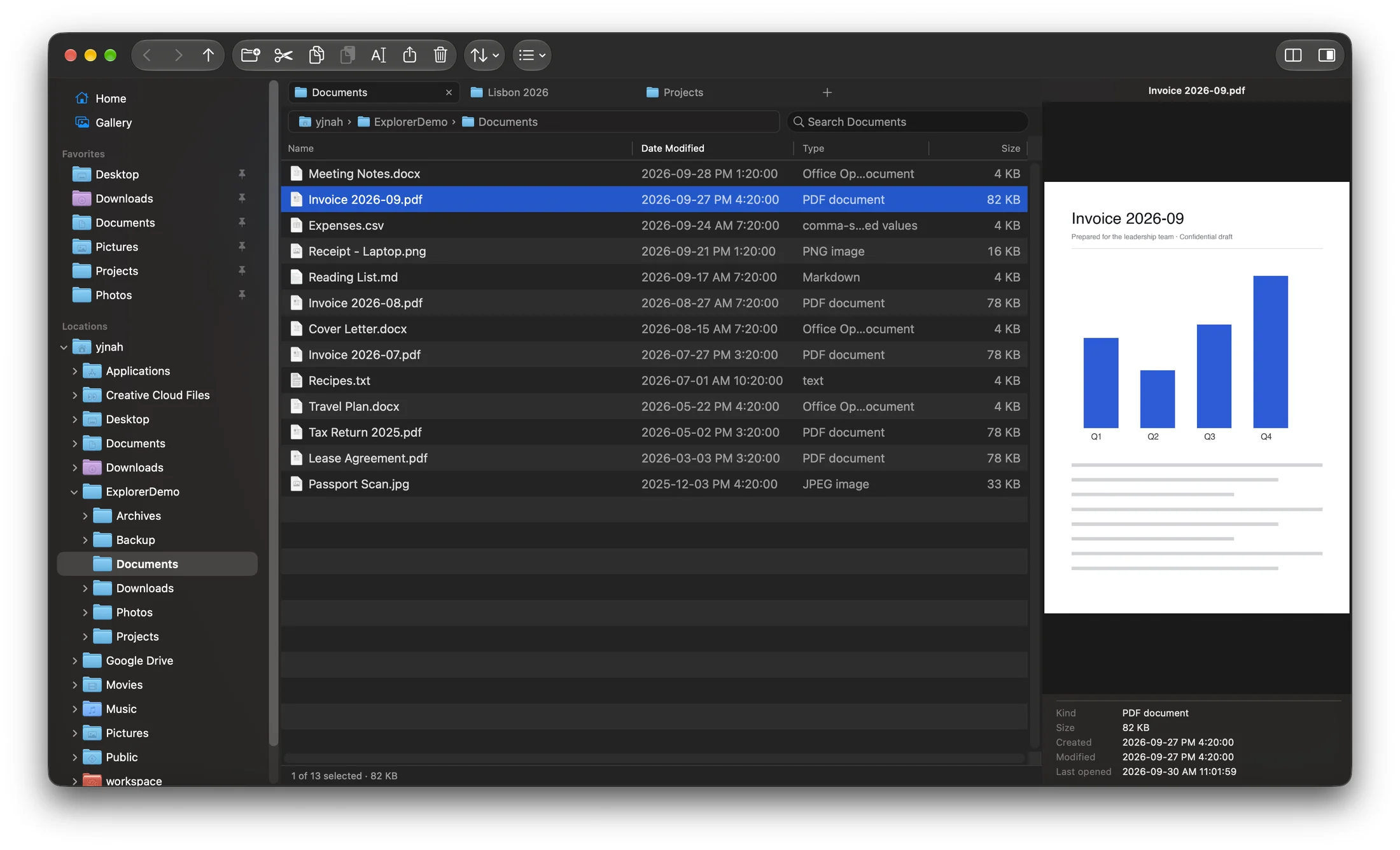 Explorer for Mac main window with folder tree, tabs, Details view, and preview pane