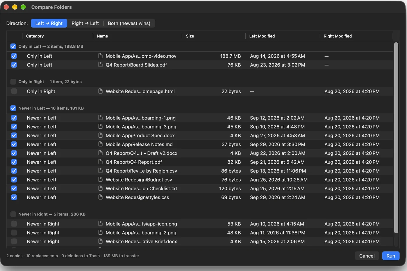 Compare Folders window grouping files as Only in Left, Only in Right, Newer in Left, and Newer in Right, with a summary of copies and bytes to transfer