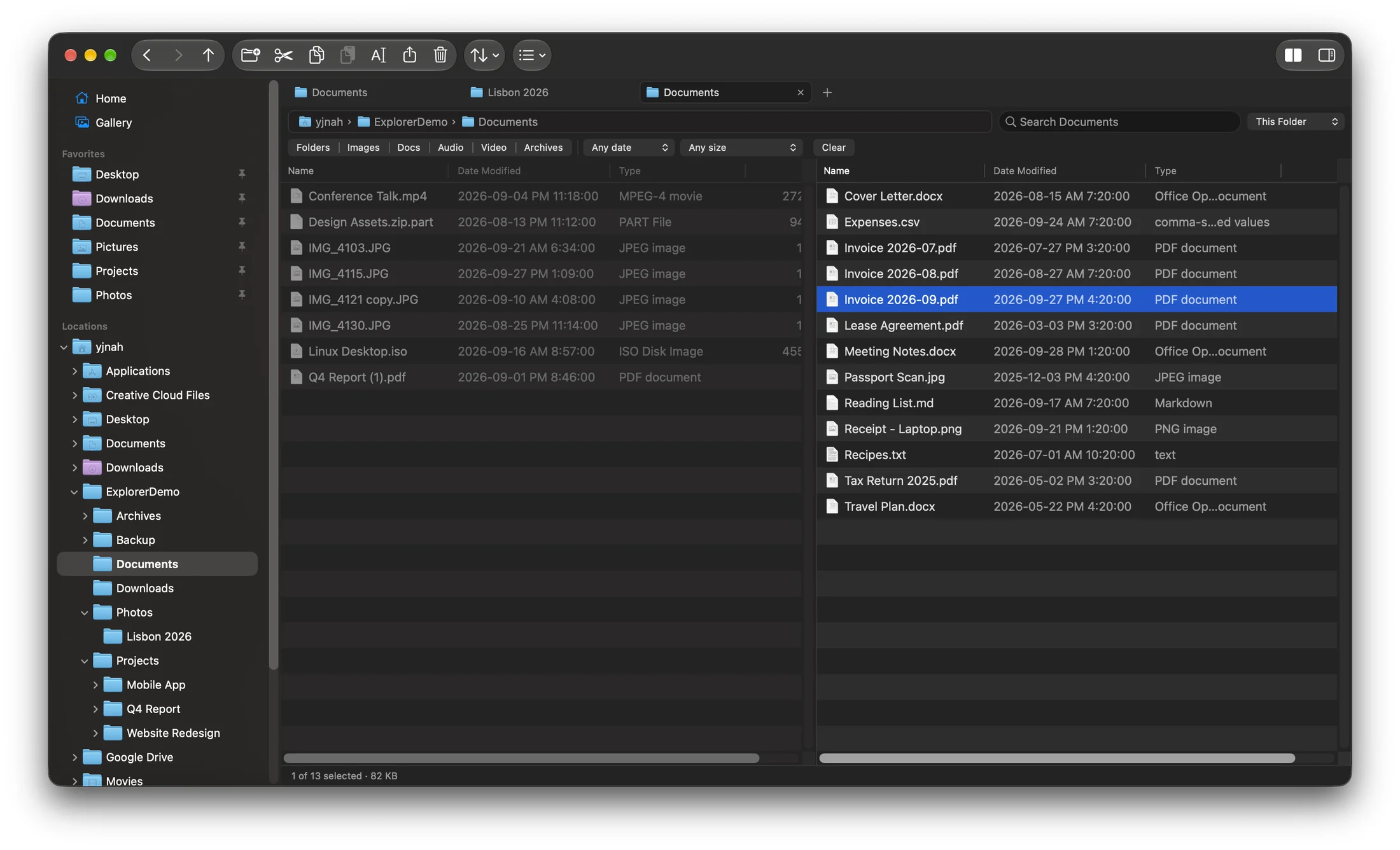 Explorer for Mac in Dual-Pane View: Downloads on the left and Documents on the right, side by side in one tab