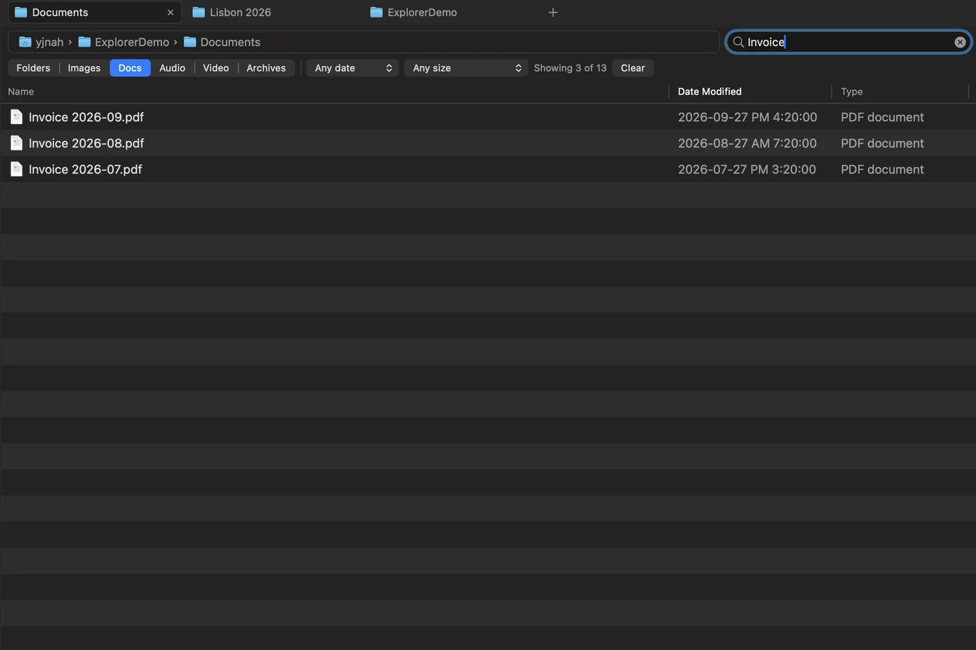 Filter bar with the Docs kind selected and Invoice typed in the search field, showing 3 of 13 items