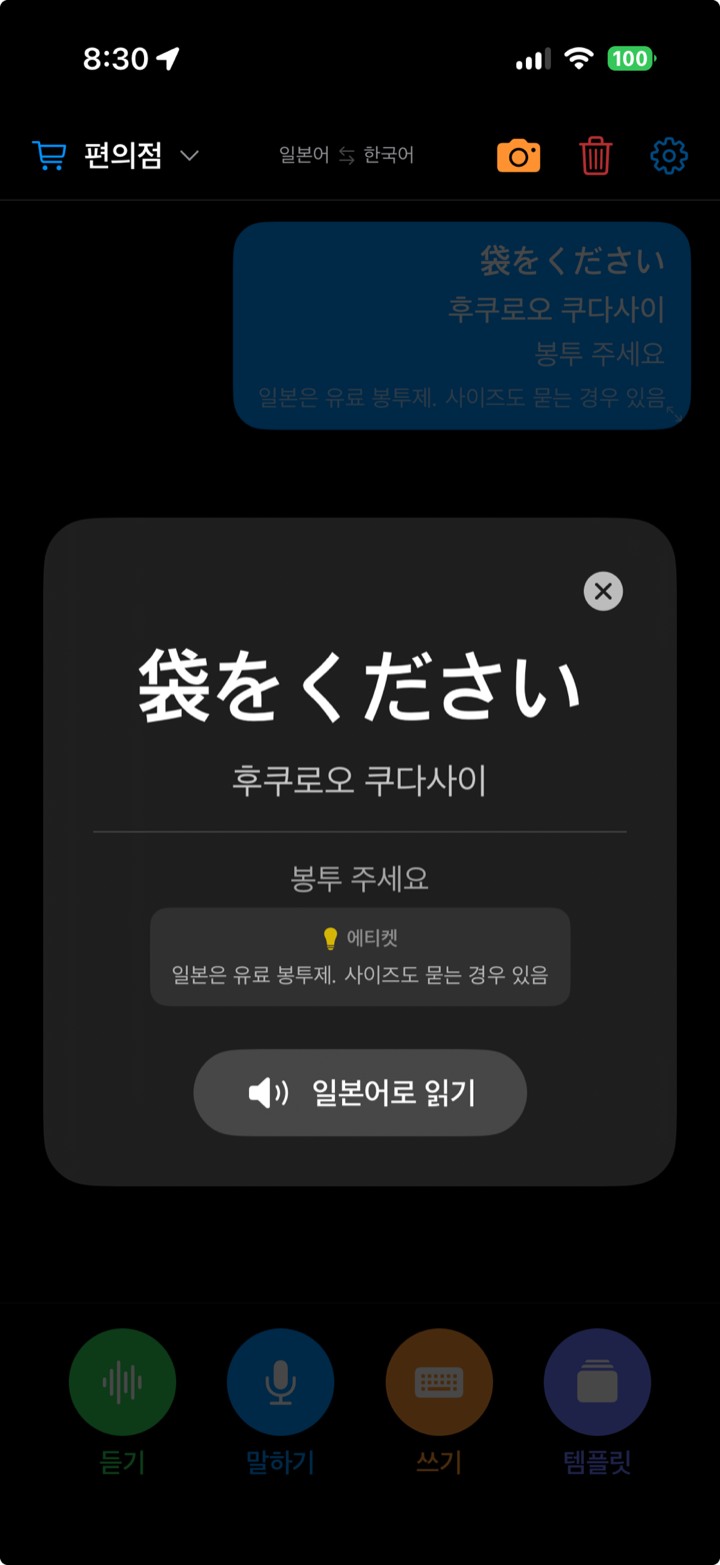 번역 결과를 크게 보여주는 카드 화면